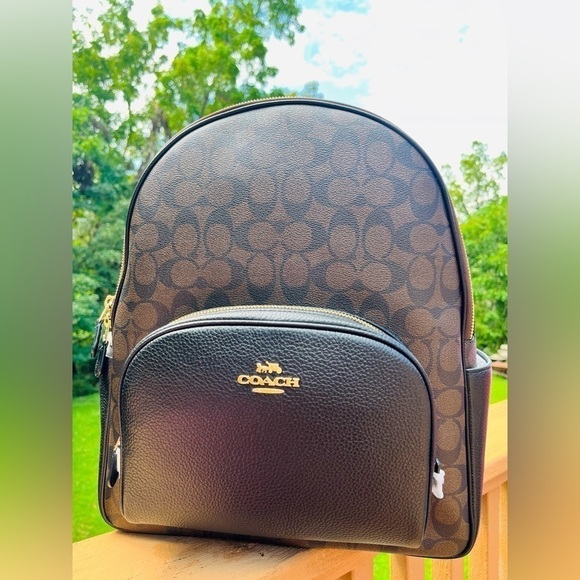 Coach Signature Brown Black Pebble Leather Backpack NWT​ - Picture 3 of 7